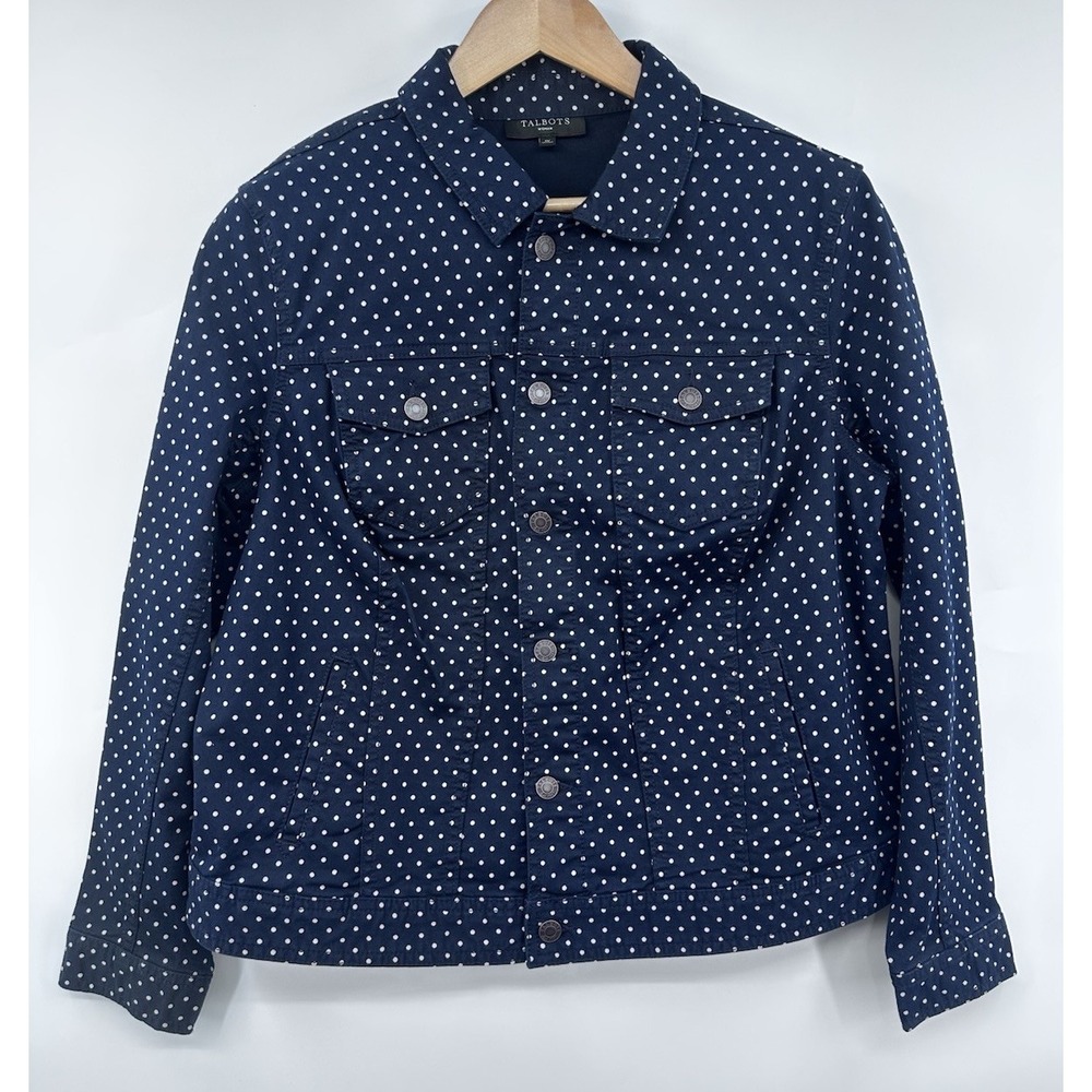 Talbots Jacket Womens 1XL Blue White Polka Dot Denim Jean Stretch Button Front